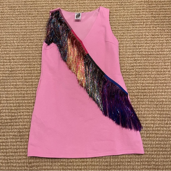 Queen of Sparkles Diagonal Metallic Pink Fringe Dress Small - Picture 5 of 13